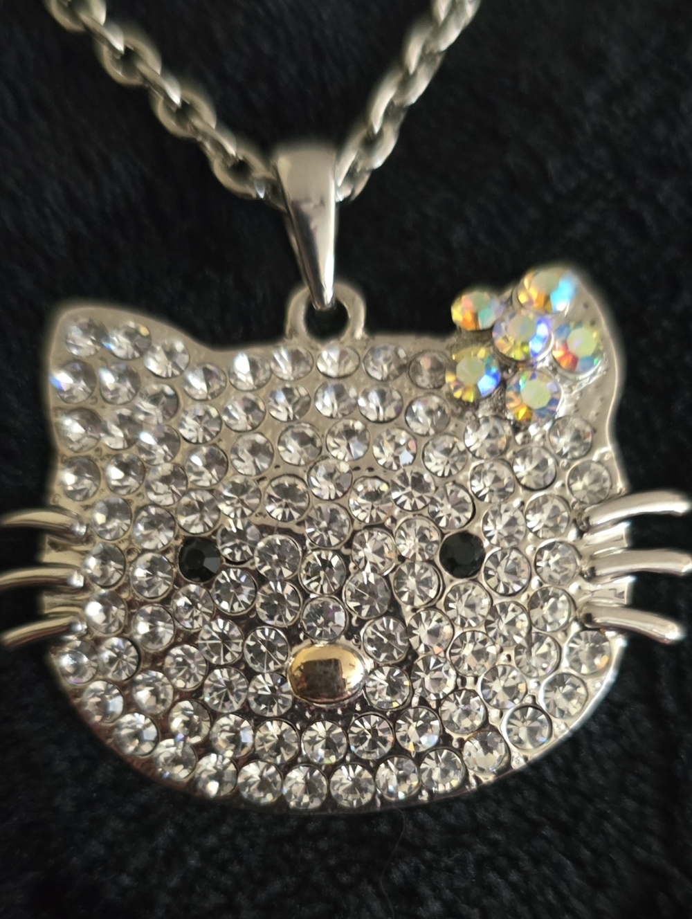 Crystal Cat Face Pendant Necklace - Silver  Tone with Iridescent Accent FLOWER.